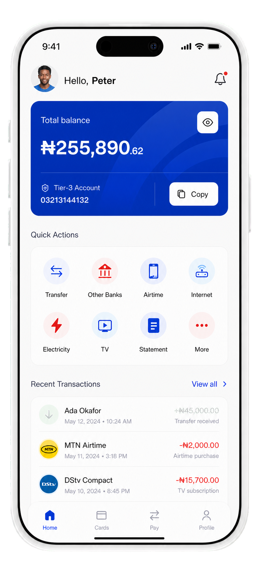 TeeTechGlobalData mobile dashboard showing transfers, airtime, bills and recent transactions